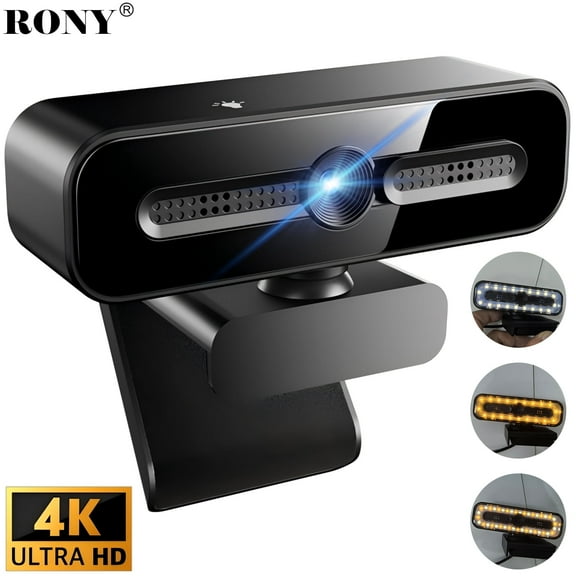 RONY 4K Autofocus Webcam with Ring Light, Plug & Play Computer Camera with Microphone for PC Laptop Video Streaming, Black