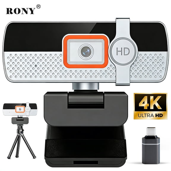 RONY PC Webcam with Built-in Microphone and Rotatable Tripod, 4K Video and Wide Angle Camera, Privacy Cover, Adatper, for Desktop PC or Laptop Computer
