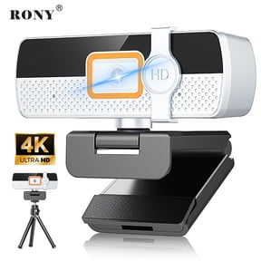 RONY PC Webcam with Built-in Microphone and Rotatable Tripod, 4K Video and Wide Angle Camera, Privacy Cover, Adatper, for Desktop PC or Laptop Computer