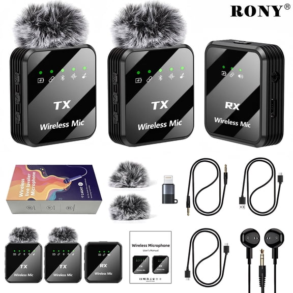 RONY 50ft Dual Wireless Lavalier Lapel Microphone Compatible with iPhone Camera Android Laptop, Noise Canceling Mini Lapel Mic