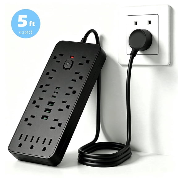 RONY 5ft Surge Protector Power Strip with 13 AC Outlets and 6 USB Ports for Dorm Office Home Travel, Overload Protection, Black