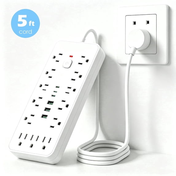 RONY 5ft Surge Protector Power Strip with 13 AC Outlets and 6 USB Ports for Dorm Office Home Travel, Overload Protection, White
