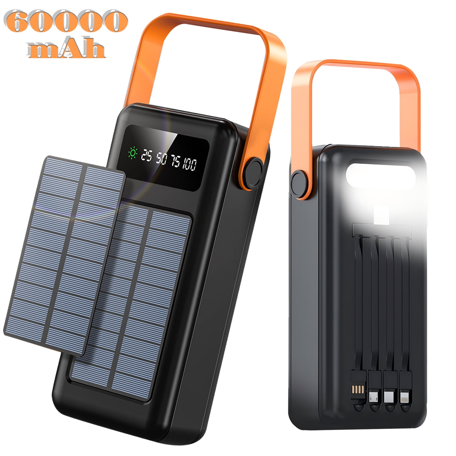 RONY 60000mAh Solar Power Bank with 4 Built-in Cables: 7 Ports Solar Charger with Flashlight for Camping Hiking Emergency