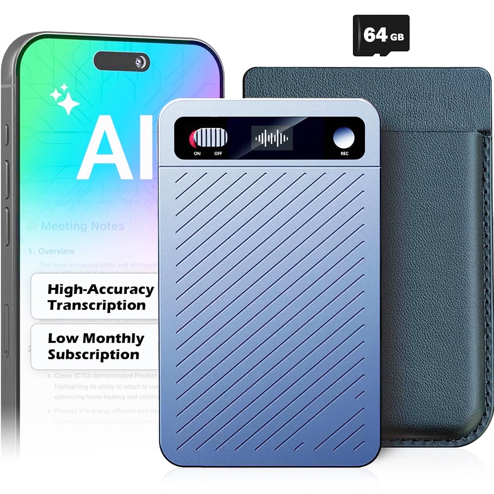 AI Voice Recorder, Transcribe Translate Summarize, Phone Recorder Compatible with Calls Interviews Lectures Meetings, Blue, 64GB