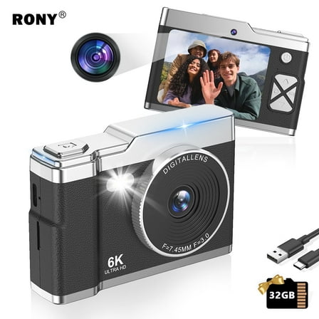 RONY Compact Digital Camera for Photography Video, 64MP CMOS with 8x Zoom Fill Light, Black, 1 Count (New)