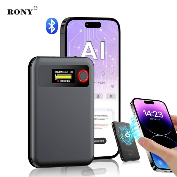 RONY AI Voice Recorder with Transcribe, Translation, APP Control, AI Analysis Summarize for Lectures Meetings Calls, Support 100+ Languages, 64GB Memory