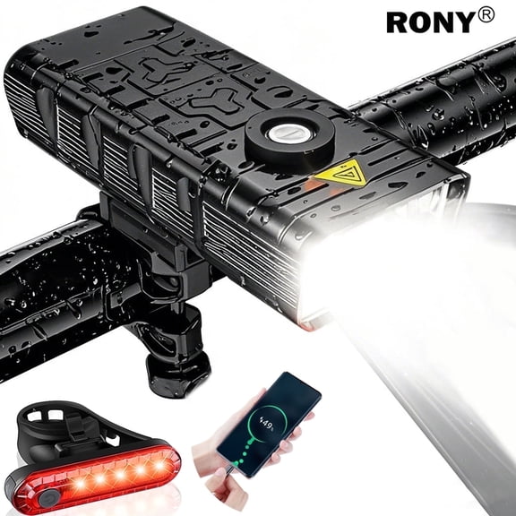 RONY 2000 Lumen Bike Light Set, Rechargeable Bicycle Headlight & Tail Light Set for Road Cycling, Night Riding and Commuting, IPX5 Waterproof