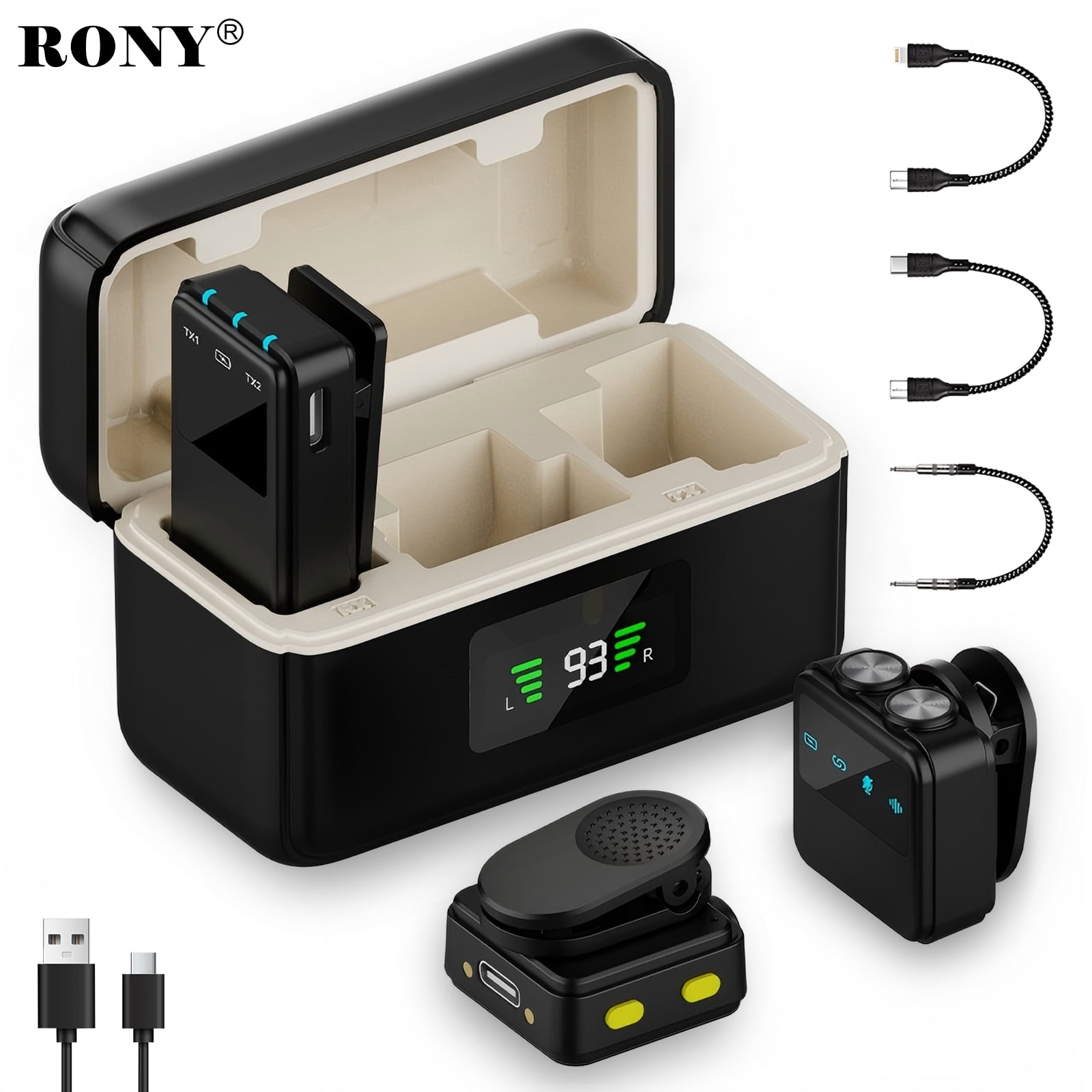 RONY Dual Wireless Lavalier Microphone Compatible with iPhone Android Camera, Mini Lapel Mic System with Charging Case for YouTube Vlog Live Streaming Video Recording