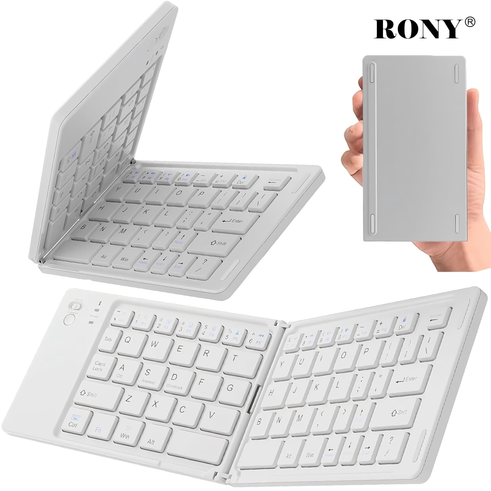 RONY Foldable Bluetooth Keyboard: Rechargeable Folding Wireless Keyboard Full Size Ultra Slim Folding Travel Keyboard for Android Windows System Laptop Tablet Smartphone, White