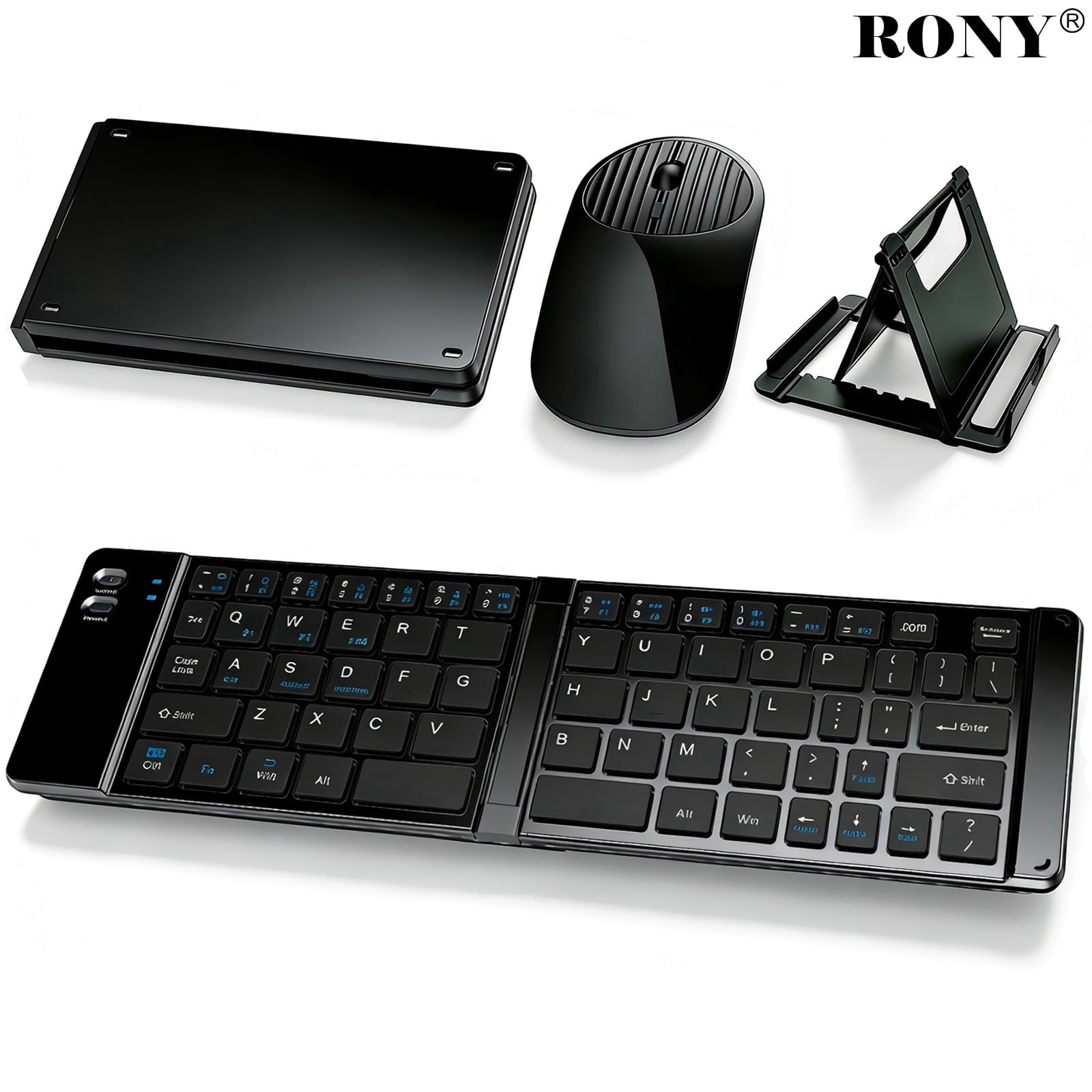 RONY Foldable Wireless Bluetooth Keyboard & Mouse Combo: Rechargeable Portable Travel Keyboard for Phone Laptop Mac Desktop (Black)