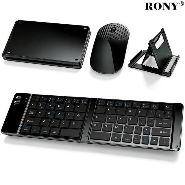 RONY Foldable Wireless Bluetooth Keyboard & Mouse Combo: Rechargeable Portable Travel Keyboard for Phone Laptop Mac Desktop (Black)