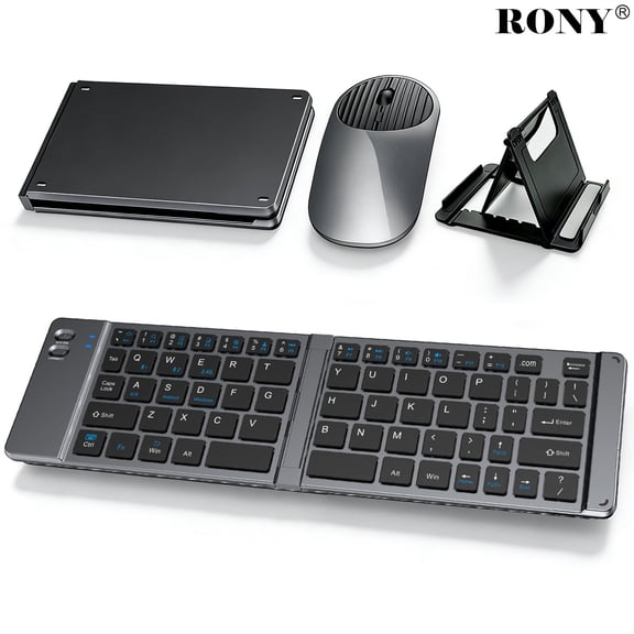 RONY Foldable Wireless Bluetooth Keyboard & Mouse Combo: Rechargeable Portable Travel Keyboard for Phone Laptop Mac Desktop (Grey)