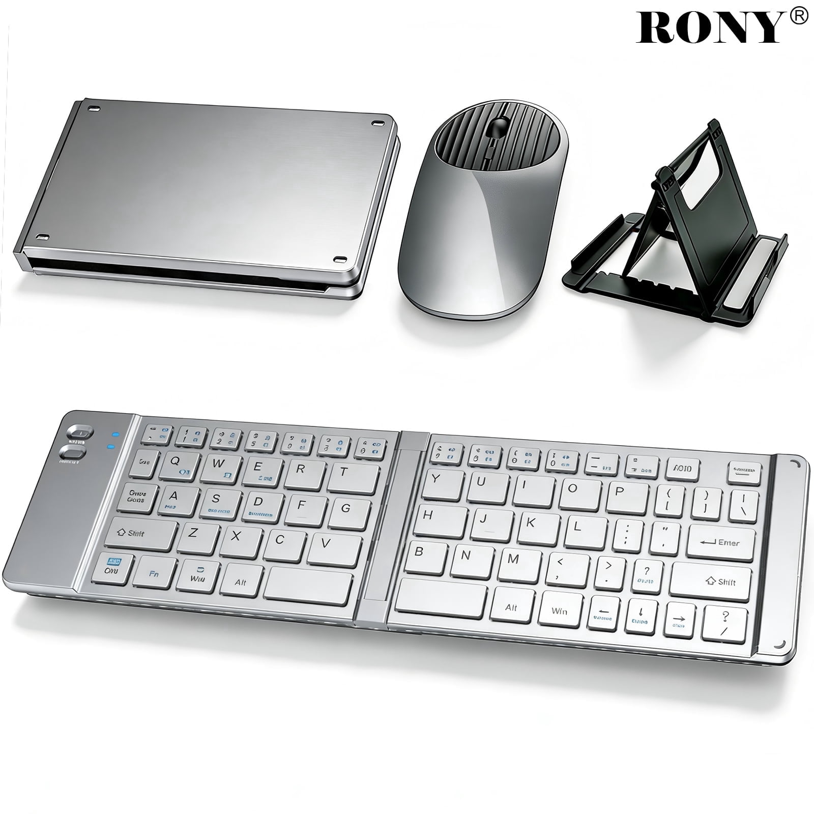 RONY Foldable Wireless Bluetooth Keyboard & Mouse Combo: Rechargeable Portable Travel Keyboard for Phone Laptop Mac Desktop (Silver)