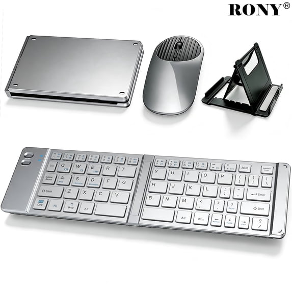 RONY Foldable Wireless Bluetooth Keyboard & Mouse Combo: Rechargeable Portable Travel Keyboard for Phone Laptop Mac Desktop (Silver)