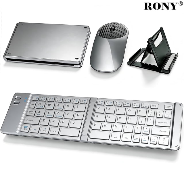 RONY Foldable Wireless Bluetooth Keyboard & Mouse Combo: Rechargeable Portable Travel Keyboard for Phone Laptop Mac Desktop (Silver)