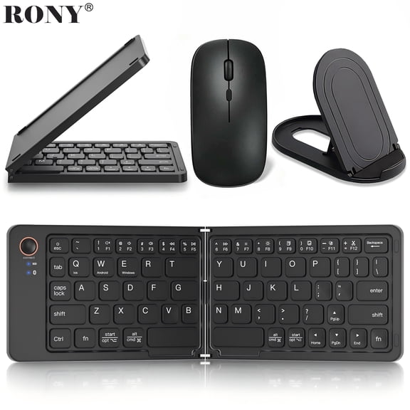 RONY Foldable Wireless Bluetooth Keyboard & Mouse Combo, Rechargeable Portable Travel Keyboard for iPad iPhone Tablet Laptop Smartphone, Black