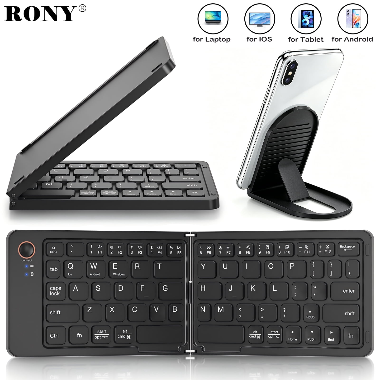 RONY Foldable Wireless Bluetooth Keyboard: Portable Folding Travel Keyboard for iPhone iPad Mac Android Windows iOS (Black)