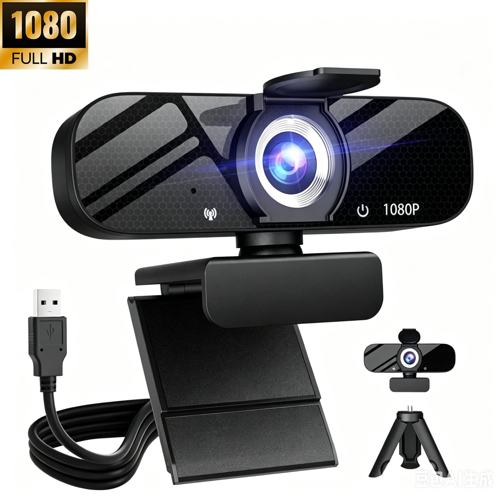 RONY 1080P Full HD Webcam with Built-in Microphone, Privacy Cover & Rotatable Tripod , Wide Angle USB Camera for Desktop PC and Laptop, Black