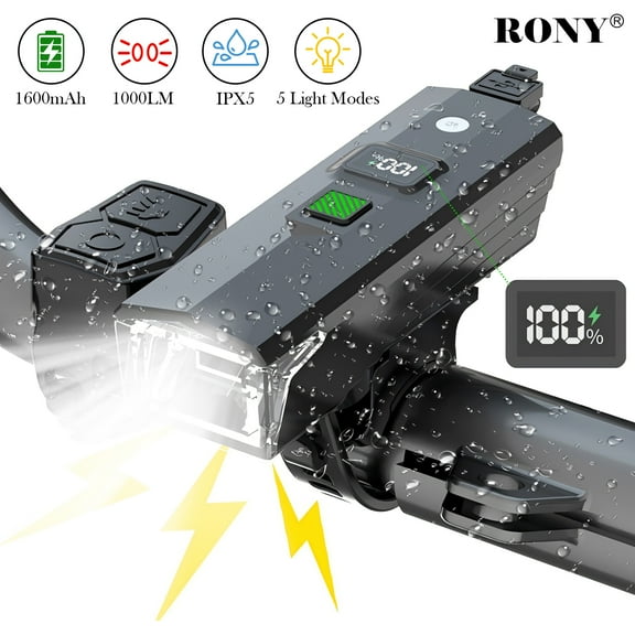 RONY 1000LM Rechargeable Mountain Bike Light, IPX4 Waterproof Safety Bicycles Light for Night Riding with 5 Light Modes