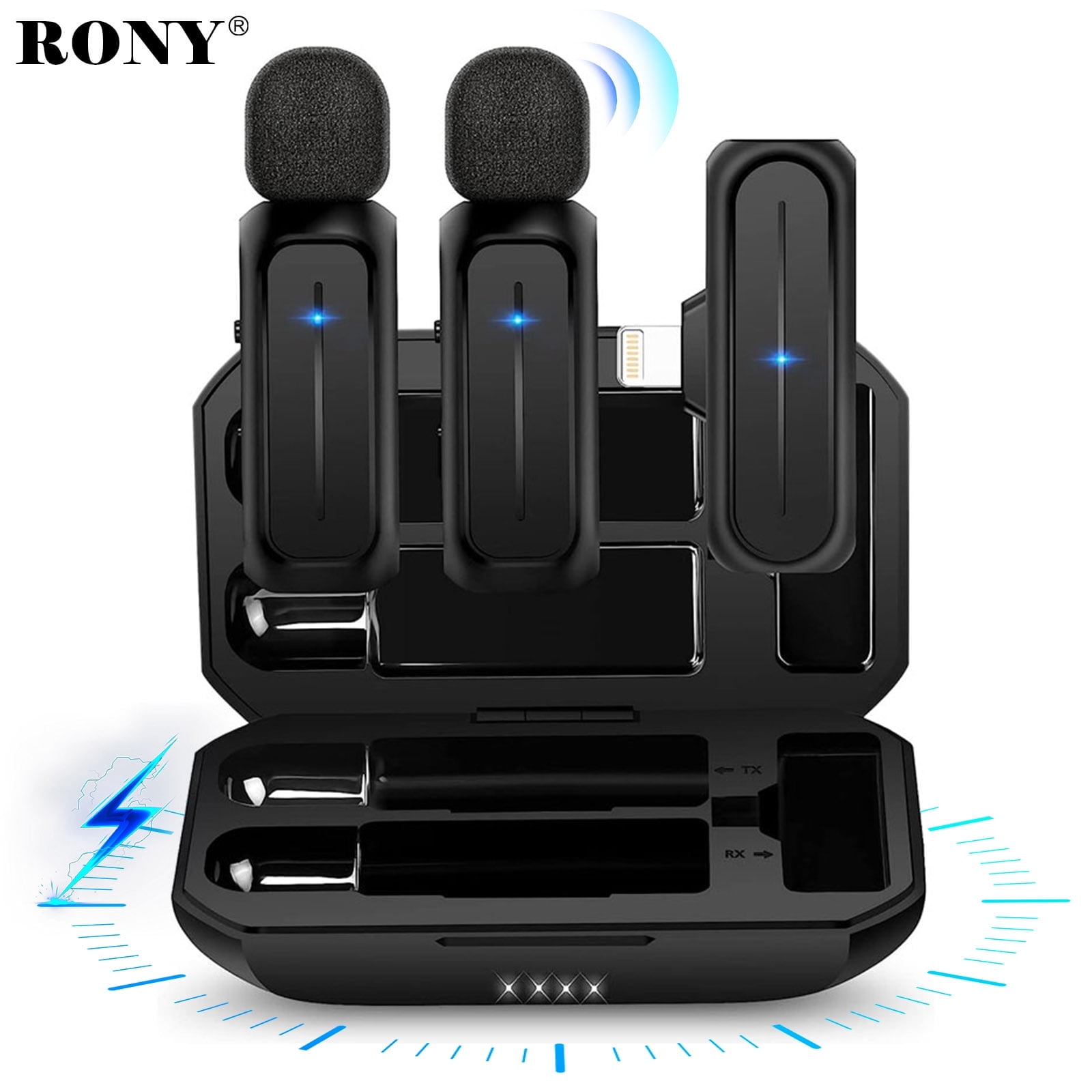 RONY Plug-Play Wireless Lavalier Microphone for iPhone iPad, Noise-Cancelling Mini Lapel Mics with the Charging Case