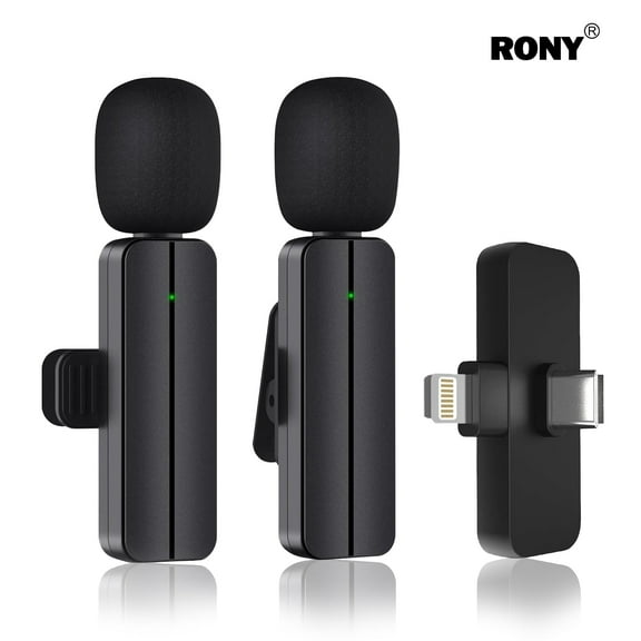 RONY Plug-Play Wireless Lavalier Microphones Compatible with iPhone iPad Android, 2 Clip-on Lapel Mini Mics for Youtube Podcast Interview Vlog Livestreaming