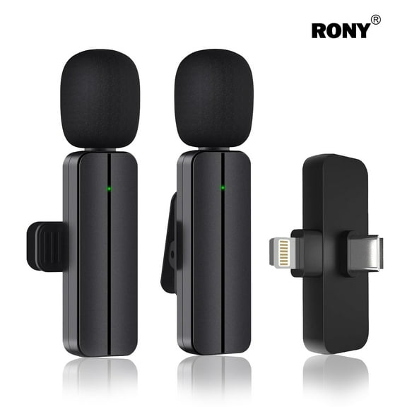 RONY Plug-Play Wireless Lavalier Microphones with Auto Sync and Noise Reduction for iPhone iPad Android - 2 Clip-on Lapel Mini Mics for Youtube Podcast Interview Vlog Livestreaming