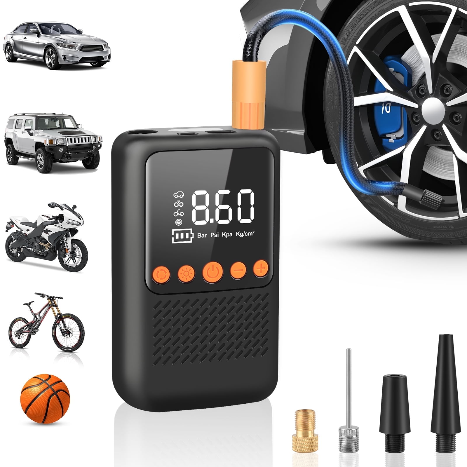 RONY Portable Cordless Tire Inflator with Auto Shutoff Digital Pressure Gauge - Electric Air Pump for Car Tire Bike Ball - 150 PSI Car Tire Pump with 4 Nozzles