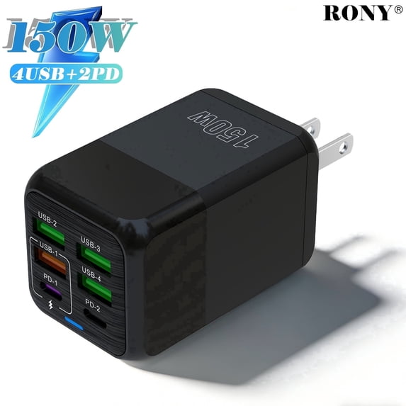 RONY 150W USB Wall Plug Charger Block: 6-Port Fast Charging Block Power Adapter Compatible with iPhone Samsung Galaxy, Black