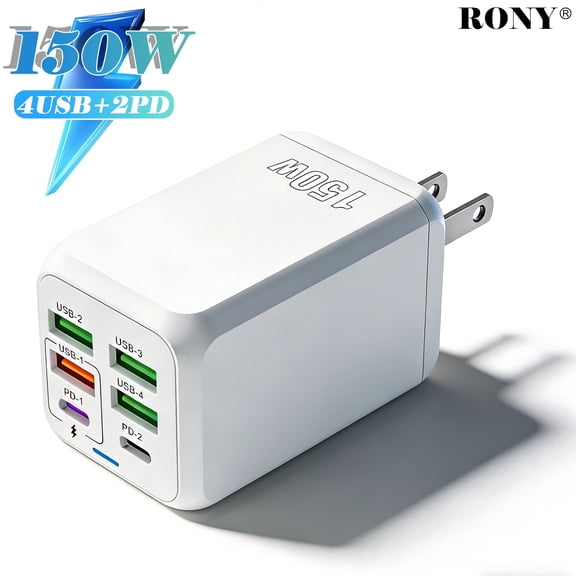 RONY USB C 150W Charger Block: 6-Port Fast Charging Block Power Adapter Compatible with iPhone iPad Samsung Galaxy, White