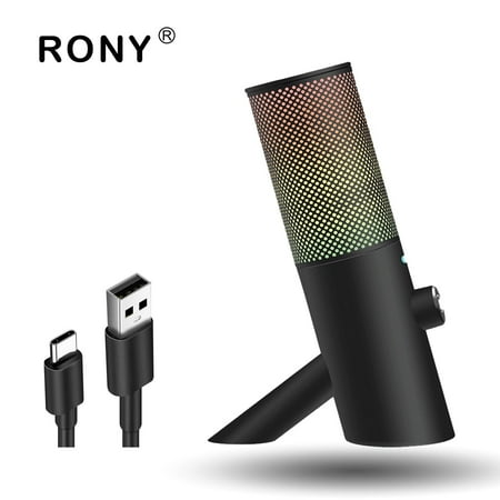 RONY USB Gaming Microphone with RGB Light One Key Mute Noise Cancel for Computer, Black