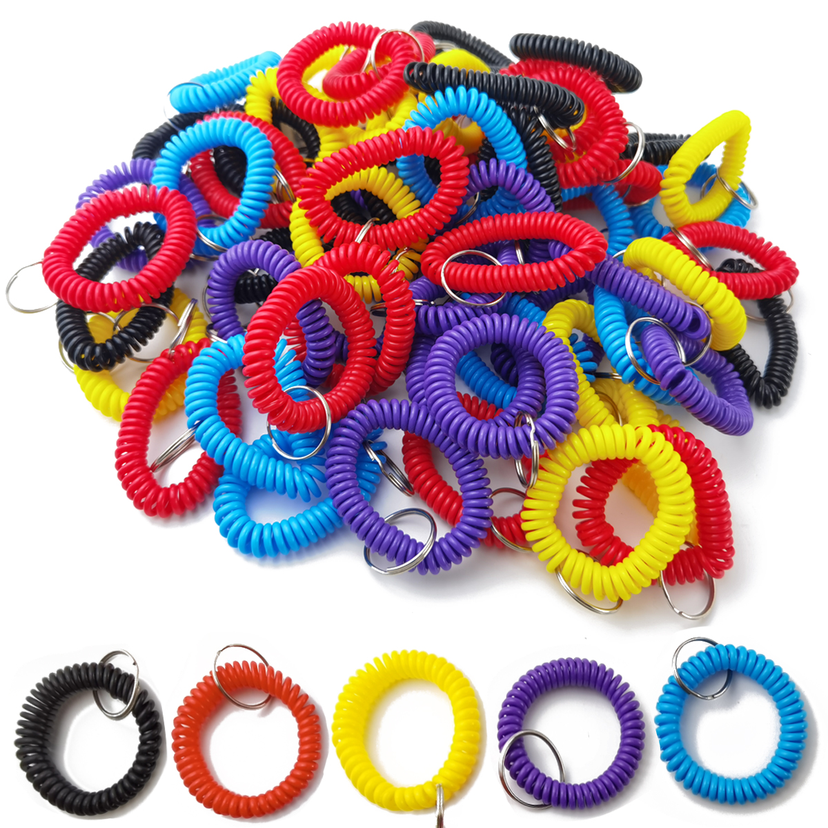 WHOLESALE LOT 144 SPIRAL WHISTLE KEYCHAINS – ELASTIC COIL KEY CHAINS, MULTI-COLOR, KEY FINDER FEATURE, BULK
