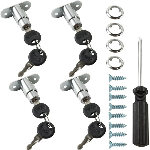 RONYOUNG 4PCS Drawer Desk Wardrobe Cabinet Push Plunger Lock with 1pc Slotted Screwdriver, 3/4" Cylinder Diameter 7/8" Cylinder Length, Zinc Alloy Chrome Finish, Keyed Alike