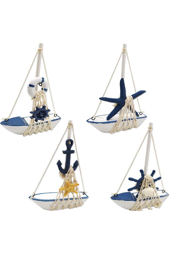 4PCS Mini Sailboat Model Decoration Wooden Miniature Sailing Boat Home Decor Set, Beach Nautical Design, Navy Blue and White, 4.4 x 6.8 Inch