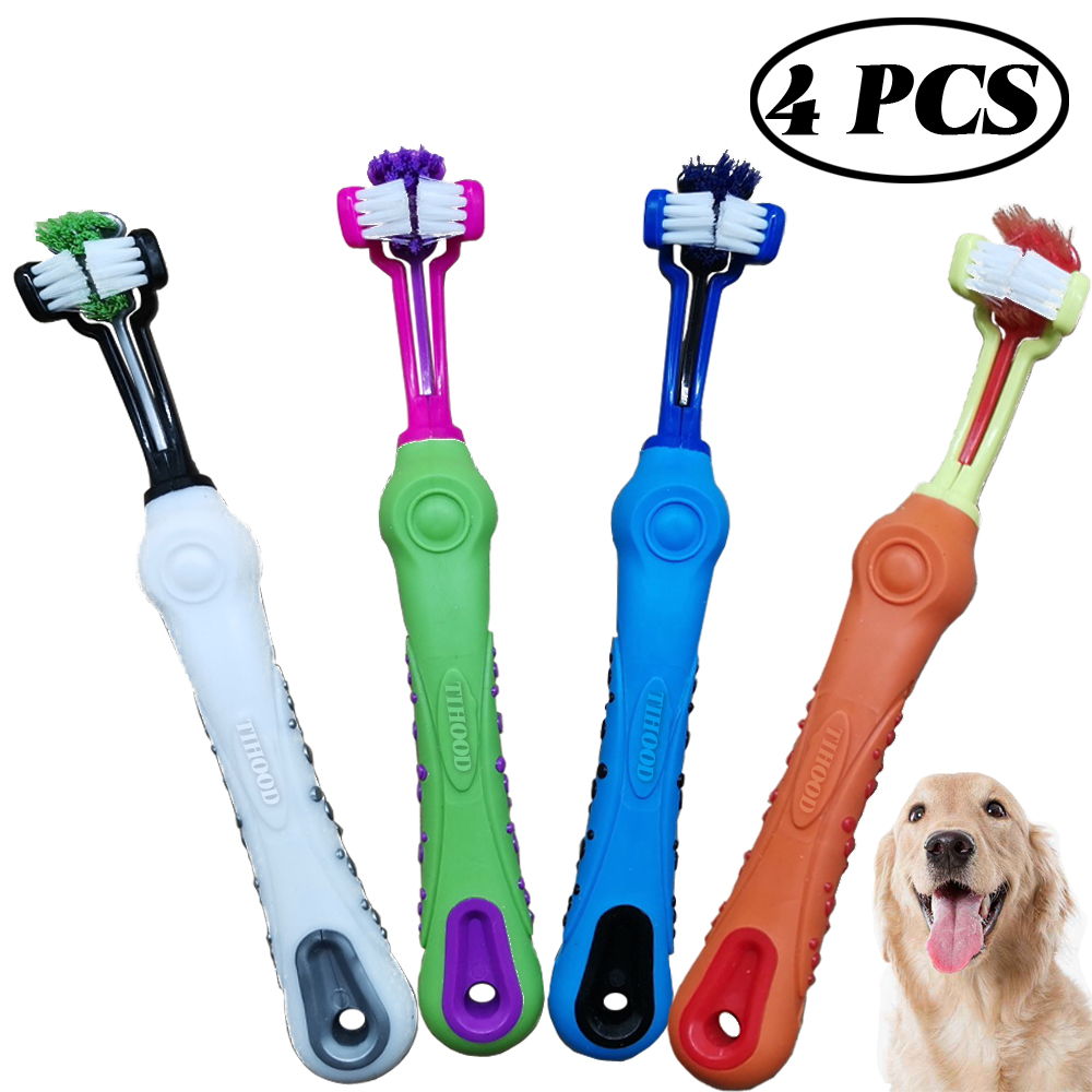 Temacd Pet Toothbrush Three Sided Multiangle Cleaning Plastic Dog Soft Bristle Toothbrush for