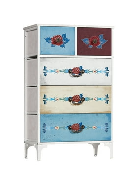 ROOFAR 5 Drawer Dresser, Boho Dresser Fabric Chest of Drawers with Shelves, Portable Storage Tower , Fabric Dresser for Bedroom, Closet, Nursery, Chest of Drawers, Steel Frame, Wood Top
