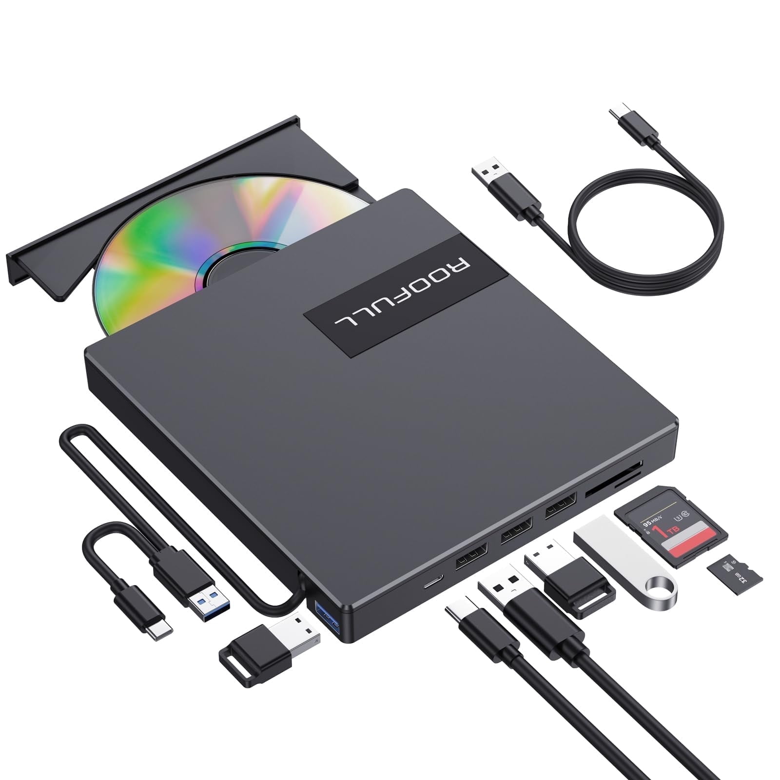 ROOFULL External CD DVD Drive with 4* USB Ports and 2* SD/TF Card Slot ...