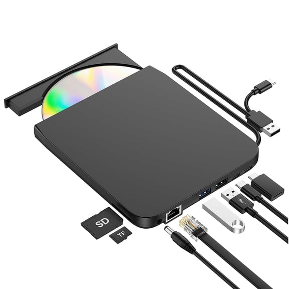 ROOFULL Pro External CD/DVD Drive, USB 3.0 DVD CD Burner with Ethernet Adapter, USB Hub and SD/TF Card Ports, CD DVD Reader Writer Player Optical Disc Drive for Laptop MacBook PC Windows Linux Mac