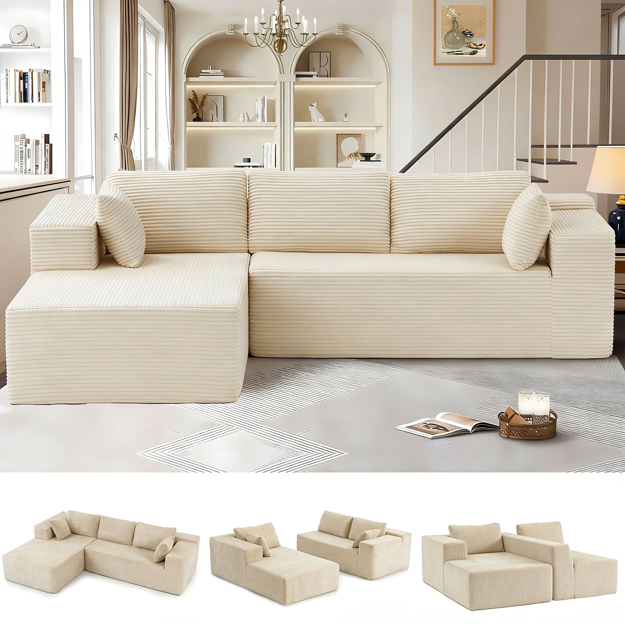 ROOMARK 104.3" L Shaped Sofa Modular, Corduroy Cloud Couches with Deep Seats &High-Back, Upholstered Couches for Living Room Bedroom with Chaise, No Assembly Required
