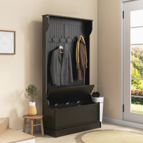 ROOMARK 3-In-1 Entryway Hall Tree with Storage Bench, Coat Rack with Four Hooks and Shoe Storage, Black