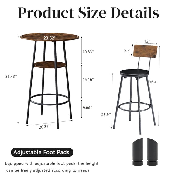 ROOMARK 3 Pieces Round Bar Table and Chairs Set with 2-Tier Storage & 2 PU Upholstered Bar Stools for Kitchen, Dining Room, Living Room, Bar, Cafe, Small Space Corner, Rustic Brown