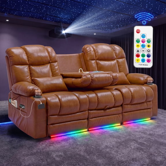ROOMARK 3-Seater Power Recliner Sofa, RGB LED Light, Massage & Lumbar Heat, Home Theater Seating with Cup Holders, USB Ports and Side Pockets, PU Leather, Brown