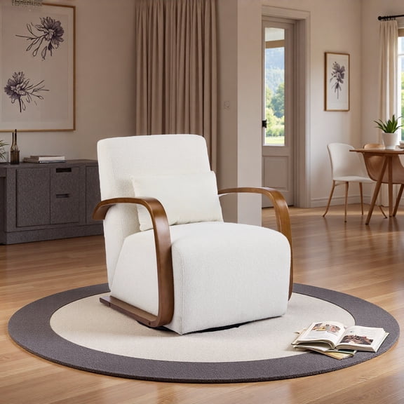 ROOMARK Cream Upholstered 360° Swivel Accent Chair – Solid Wood Curved Arms, Mid-Century Modern Design, Ergonomic Comfort for Living Room, Bedroom Reading Nook Small Single Sofa for Bedroom, Office