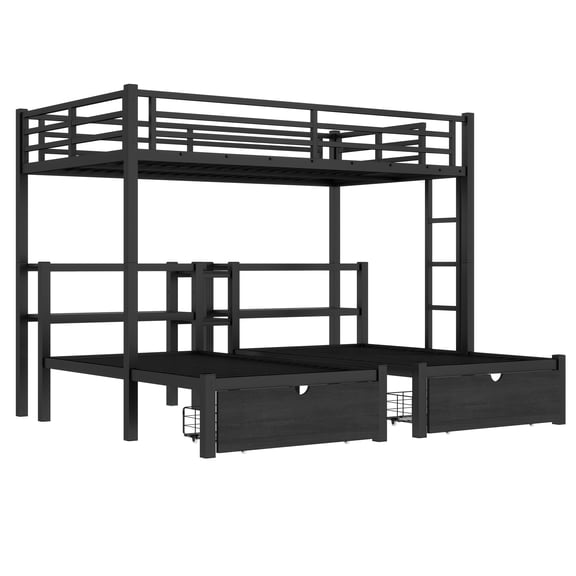 ROOMARK Full XL Over Twin & Twin Triple Bunk Bed with Drawers, Multi-functional Metal Frame Bed, Bed Head with Shelving & USB, Black