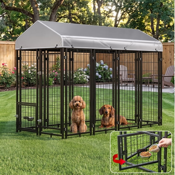 ROOMARK Heavy Duty Outdoor Dog Run Playpen Crate with UV Resistant Waterproof Roof Cover, 3.5x6x8 FT Metal Dog Kennel Enclosure for Yard, Medium & Large Dogs