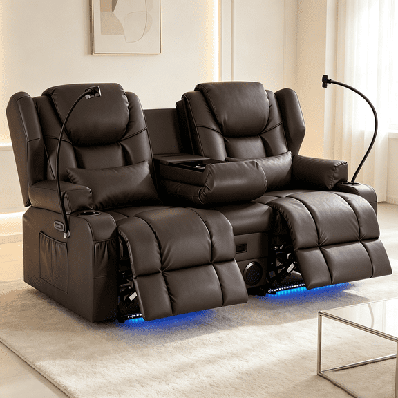 ROOMARK Electric Loveseat Recliner Double Recliner RV Sofa & Console, Wall Hugger Loveseat Reclining RV, RV Theater Seats, RV Couch, RV Home Theater Seating Furniture