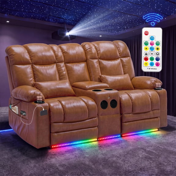 ROOMARK Power Loveseat Recliner Sofa with Console, RGB LED Light, Massage & Lumbar Heat, Home Theater Seating with Bluetooth Speaker, Cup Holders, USB Ports, PU Leather, Gray