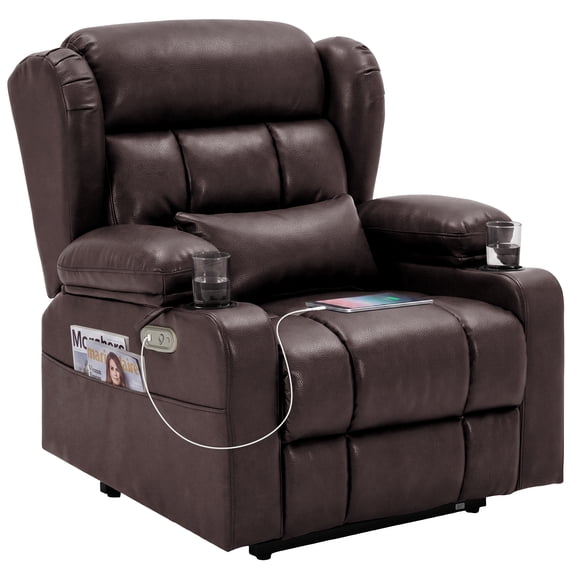 ROOMARK Power Rocker Recliner Chair, 3-Level Adjustable Rocking Motion, 8-Point Massage & Lumbar Heat, USB & Type-C Charging for Living Room, PU Leather-Brown