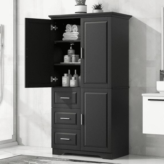 ROOMARK Tall and Wide Storage Cabinet with Doors for Bathroom/Office, Three Drawers