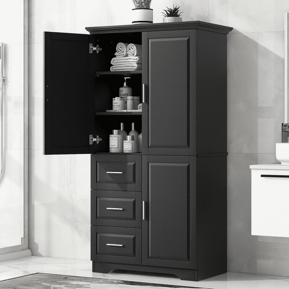 ROOMARK Tall and Wide Storage Cabinet with Doors for Bathroom/Office, Three Drawers