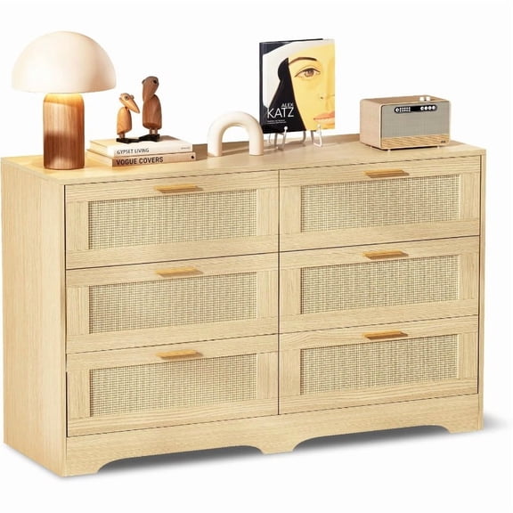 ROOMARK US wicker dressing table, 47.24x15.75x29.35 inches, metal iron frame, natural wicker drawer panels, natural wood, with a silent three-section slide that ensures smooth opening and closing of